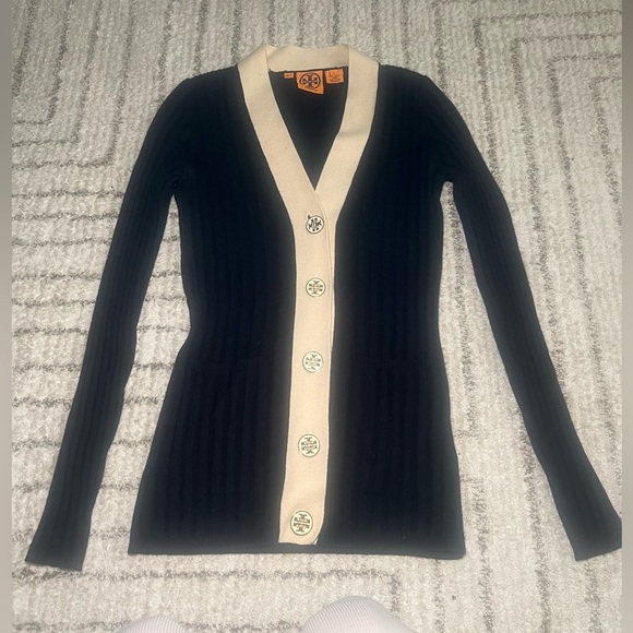 Tory Burch Wool Cardigan Sweater – Size Small – Black & Cream – Logo Buttons - Picture 6 of 12